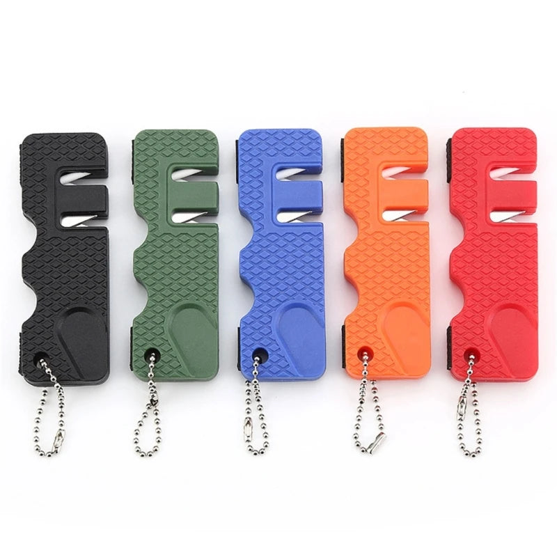 A set of five colored portable mini knife sharpeners with attached keychains.