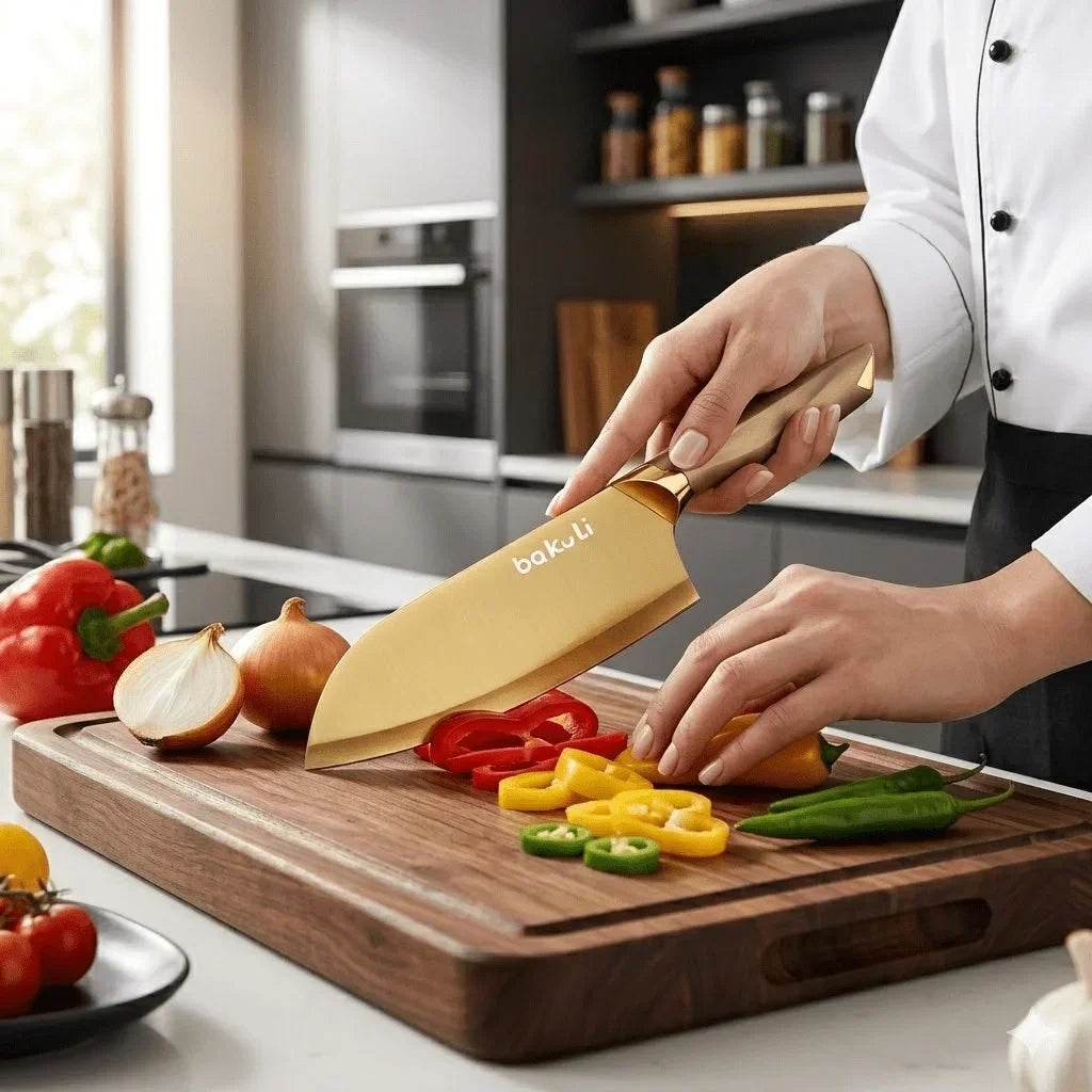 A hand is using a Bakuli knife to slice fresh vegetables on a wooden cutting board.