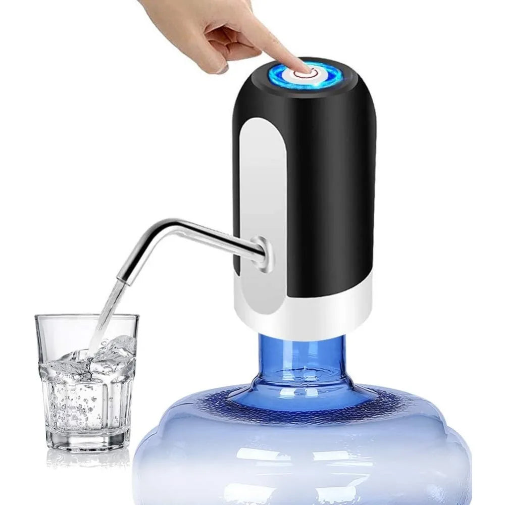 A hand is dispensing water from an automatic electric water dispenser pump into a glass.