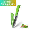 A bright green 5-inch slicing knife is shown next to fresh vegetables like tomatoes and greens.
