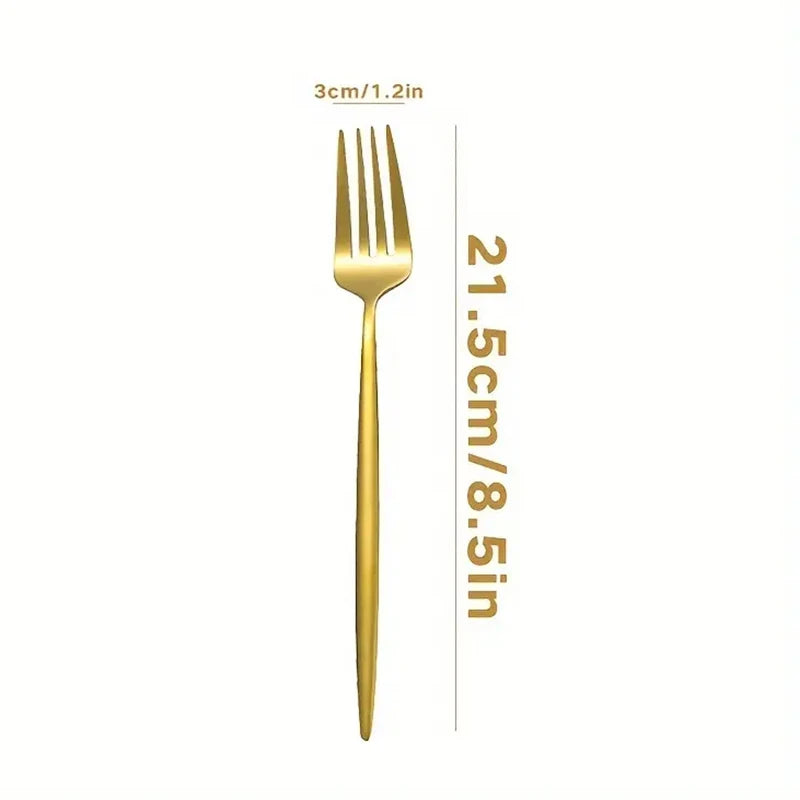 A single gold-toned stainless steel dining fork shown vertically with dimensions 21.5cm or 8.5in.
