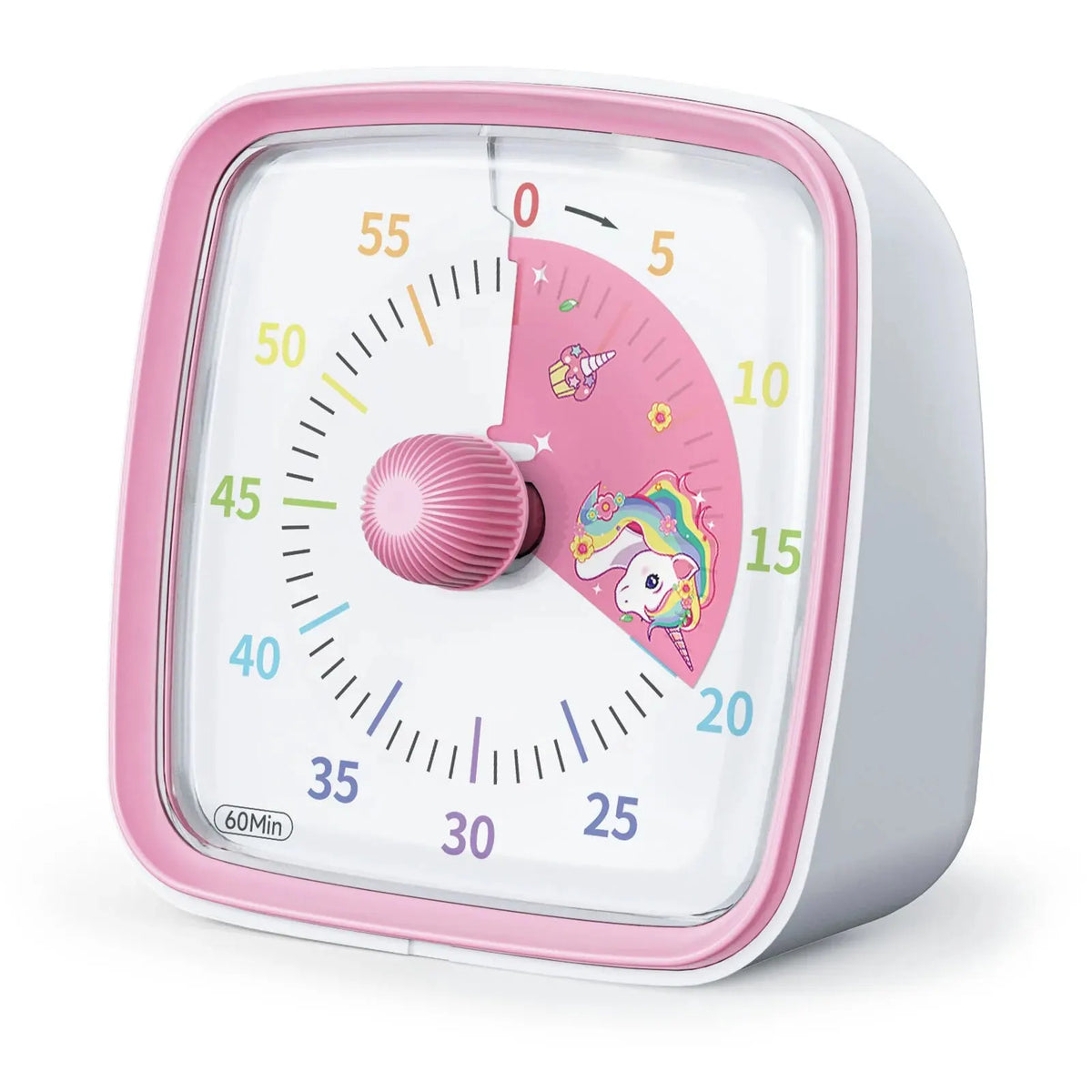 A pink visual countdown timer with a night light feature displaying time in minutes.