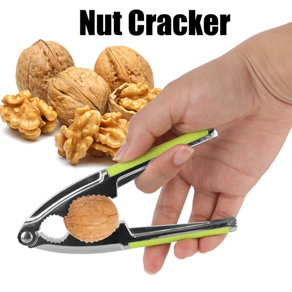 A hand holds a stainless steel nut cracker, demonstrating its use for cracking nuts like walnuts and pecans.