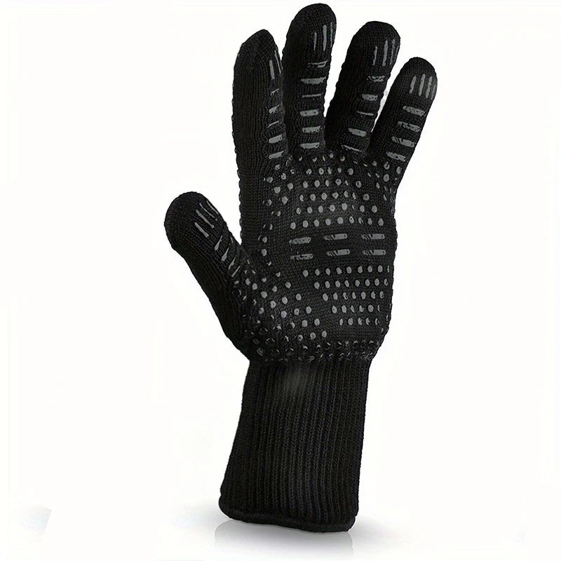 Black heavy-duty BBQ and oven mitts with textured palms and ribbed cuffs