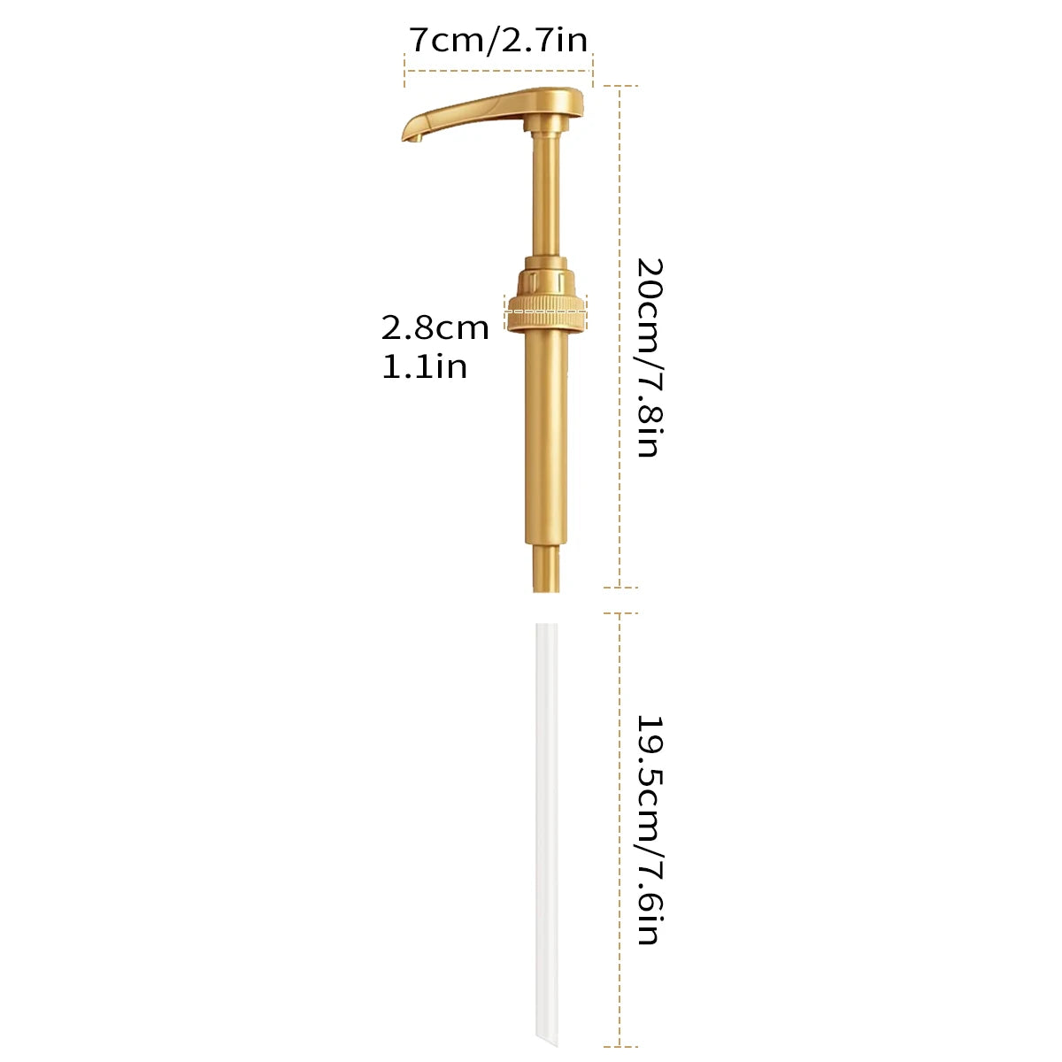 A gold-colored precision syrup pump dispenser with a long neck and a white tube shown next to dimension markings.