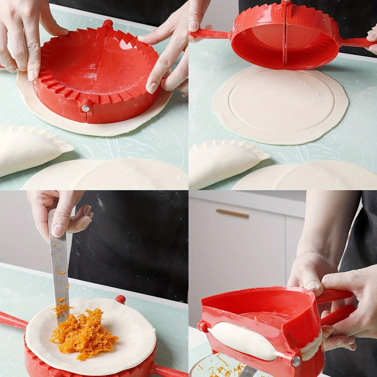 Hands are pressing dough into a red manual dumpling press for homemade pastries.