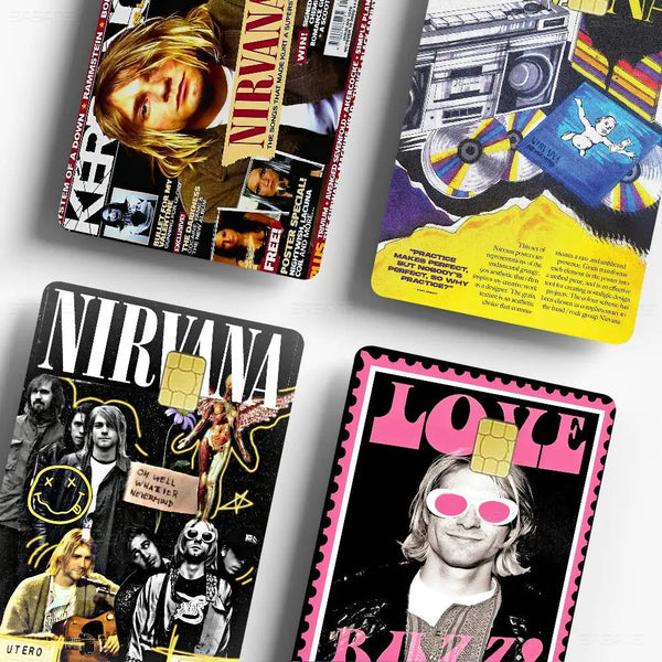 Colección de tarjetas de débito y pegatinas con imágenes de la banda Nirvana.