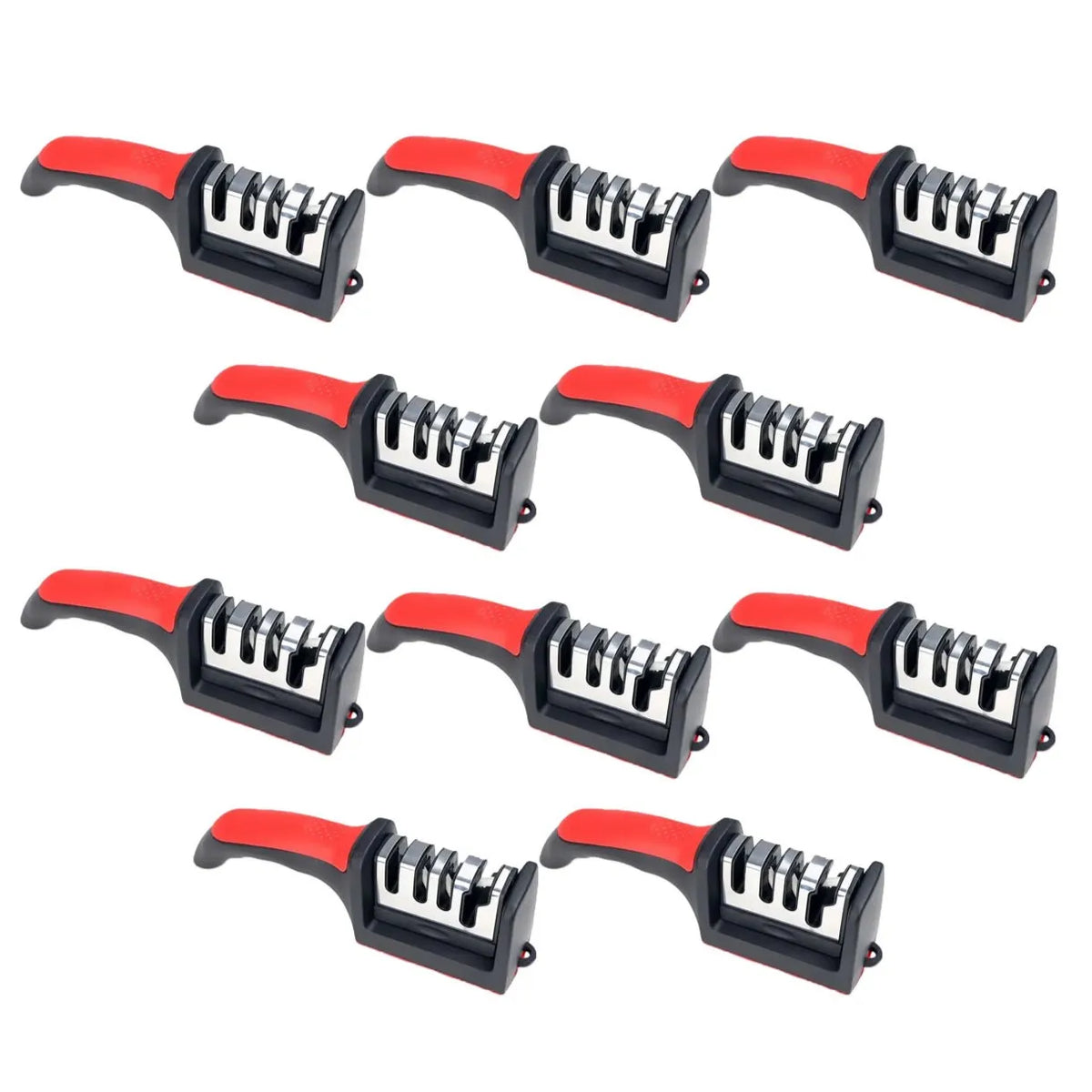 A set of four manual knife sharpeners with red and black handles and multiple sharpening rods.