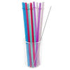 A collection of colorful glitter reusable plastic straws with cleaning brushes in a clear container.