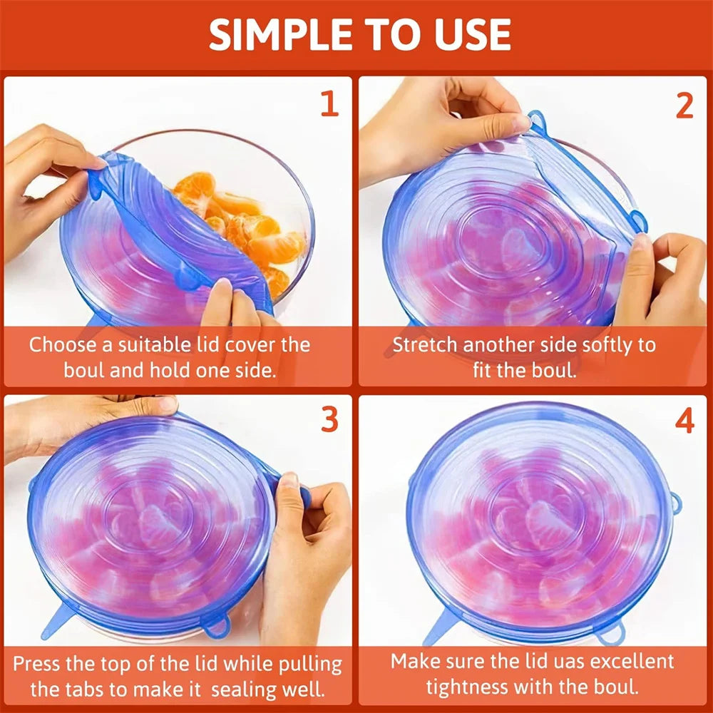 Instructions showing how to use a reusable silicone food lid set to seal a bowl.