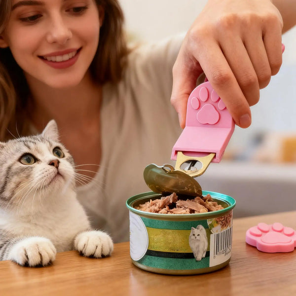 A hand is using a pink pet food can opener to open a tin of pet food on a wooden table.