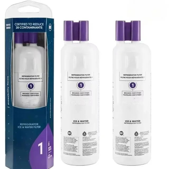 A package of refrigerator water filter replacement cartridges for ice and water filters.
