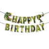A banner featuring dinosaur-themed letters spelling out HAPPY BIRTHDAY