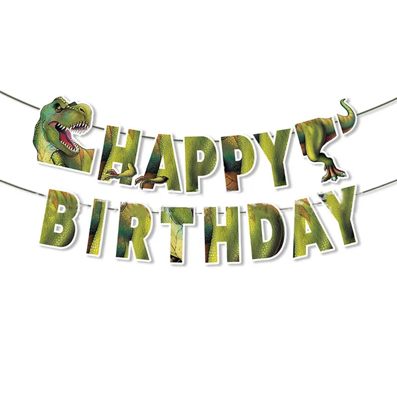 A banner featuring dinosaur-themed letters spelling out HAPPY BIRTHDAY