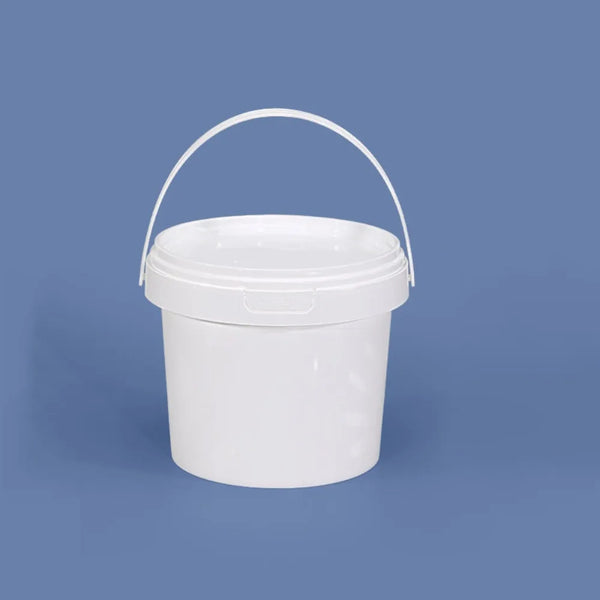 A white plastic storage bucket with a handle is shown against a solid blue background.