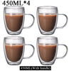 Four 450ml glass mugs with handles, showing a brown liquid inside.