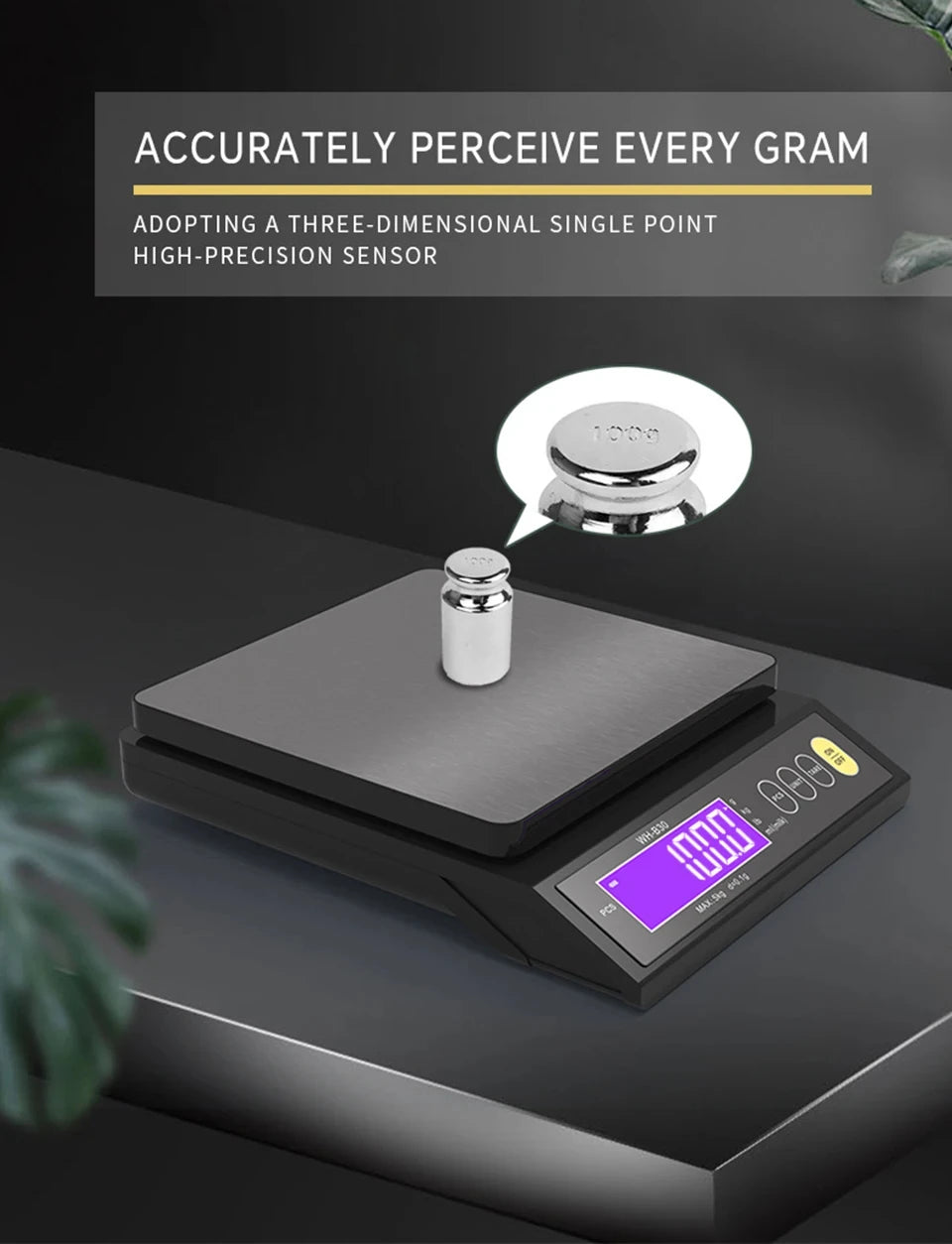 A digital kitchen scale with a stainless steel measuring spoon is shown on a dark surface.
