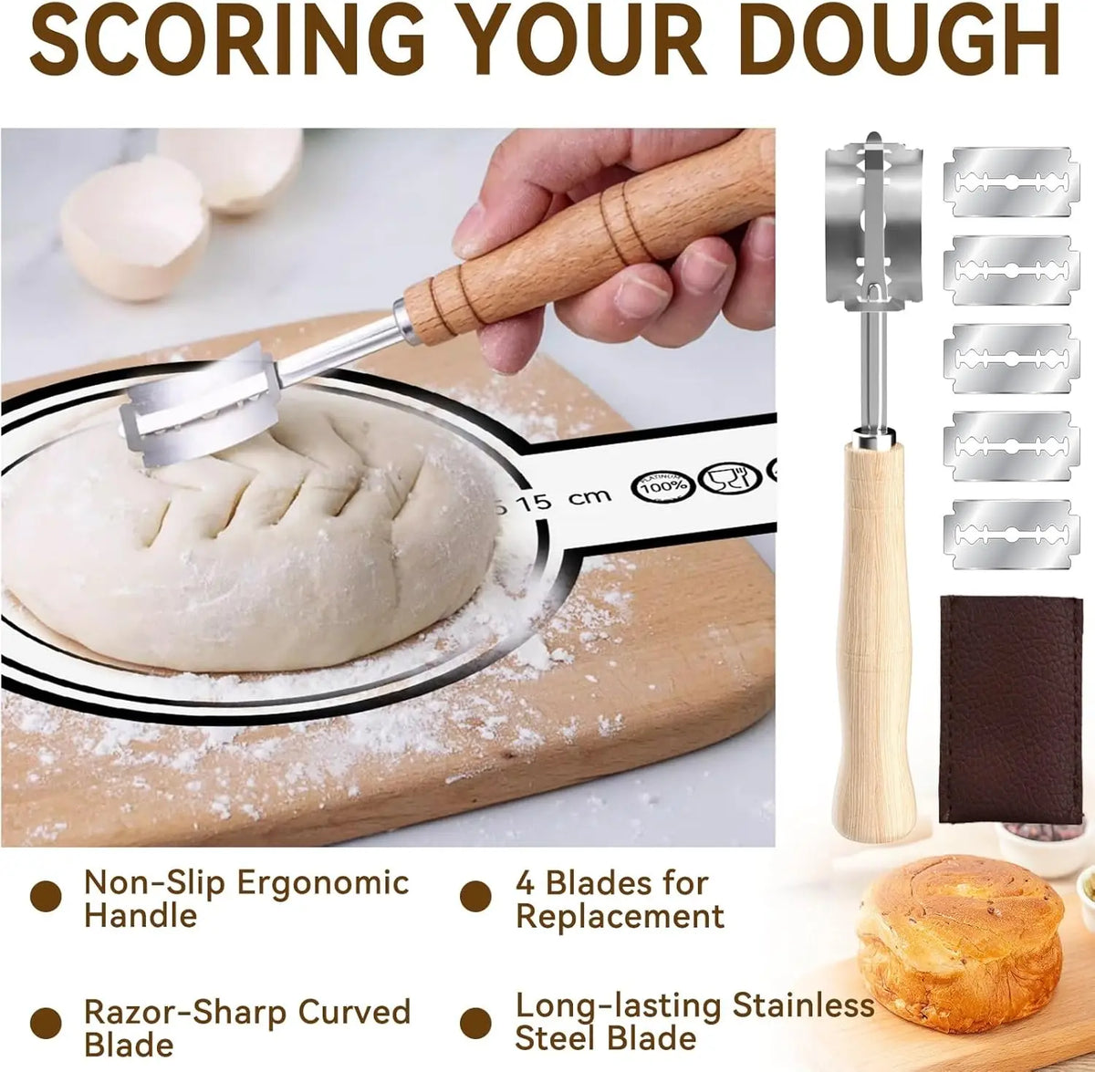 A wooden and stainless steel tool for scoring sourdough dough, featuring a non-slip handle and four replaceable blades.