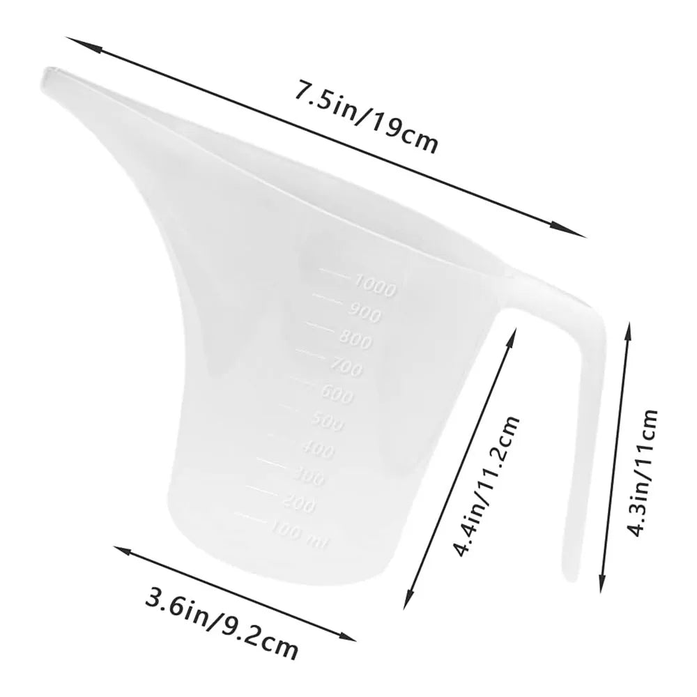 Clear plastic measuring funnel pitcher with volume markings and dimensions.