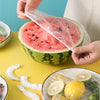 Hands are placing a clear plastic food cover over a slice of watermelon in a bowl.