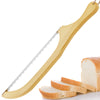A wooden bread bow cutter with a serrated blade is shown, positioned next to sliced bread.