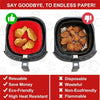 A set of reusable silicone air fryer liner baskets in red and black, highlighting features like durability and eco-friendline