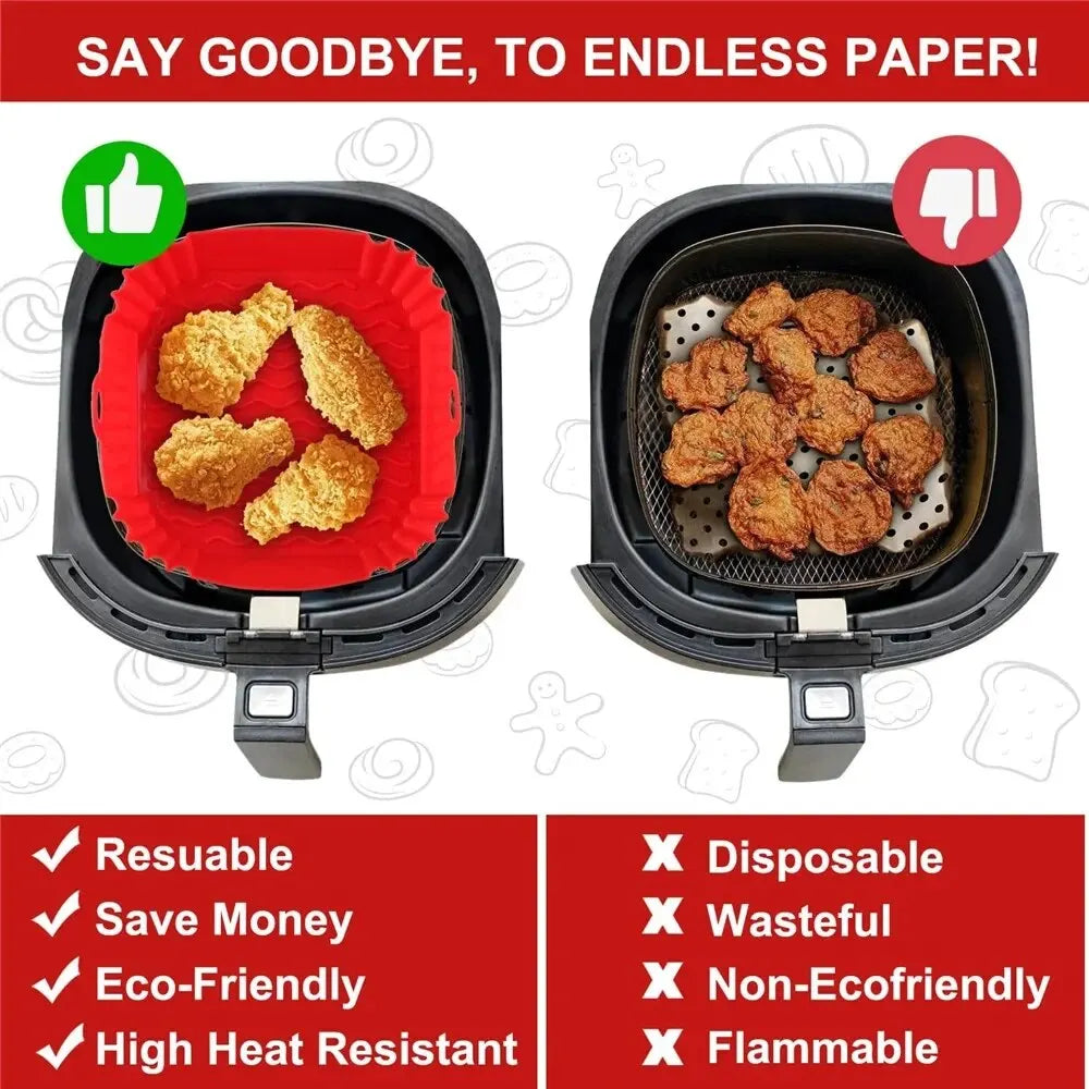 A set of reusable silicone air fryer liner baskets in red and black, highlighting features like durability and eco-friendline