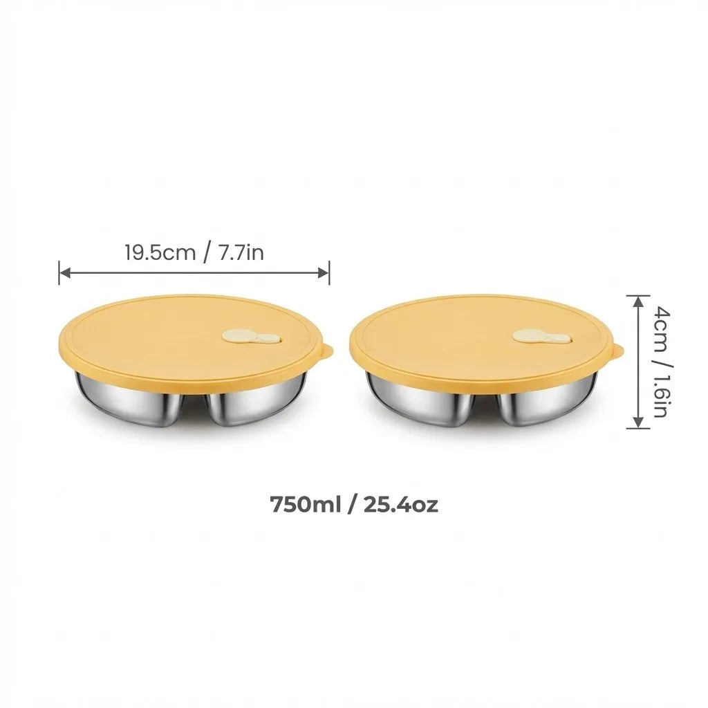 A set of stackable stainless steel divided dinner plates with lids in a light yellow color.