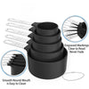 A black 10-piece stainless steel measuring set with engraved markings and a round mouth for easy cleaning