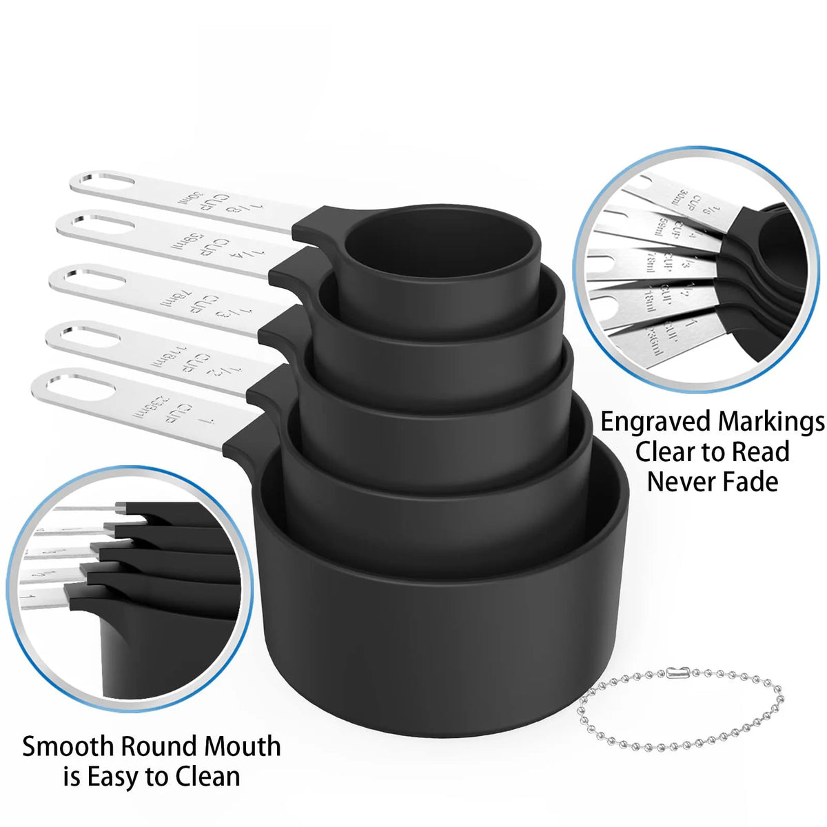 A black 10-piece stainless steel measuring set with engraved markings and a round mouth for easy cleaning