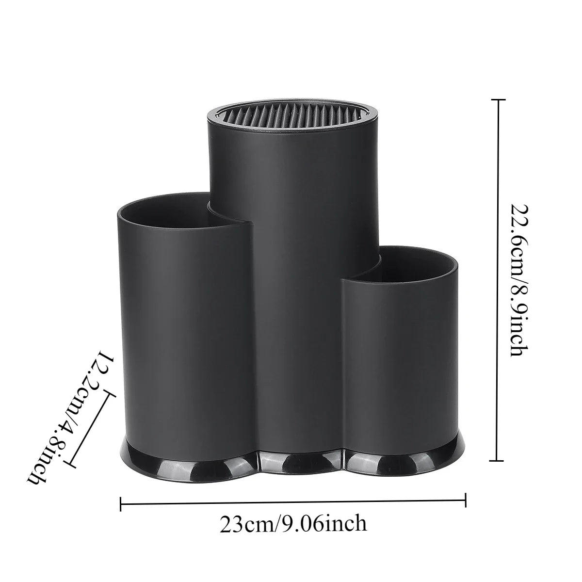 Black multi-purpose kitchen utensil storage holder with three cylindrical compartments