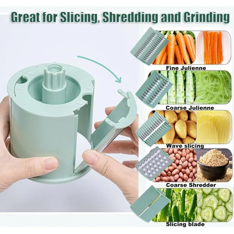 A green 5-in-1 rotary grater and slicer tool shown with various slicing blades for fruits, vegetables, and meats.