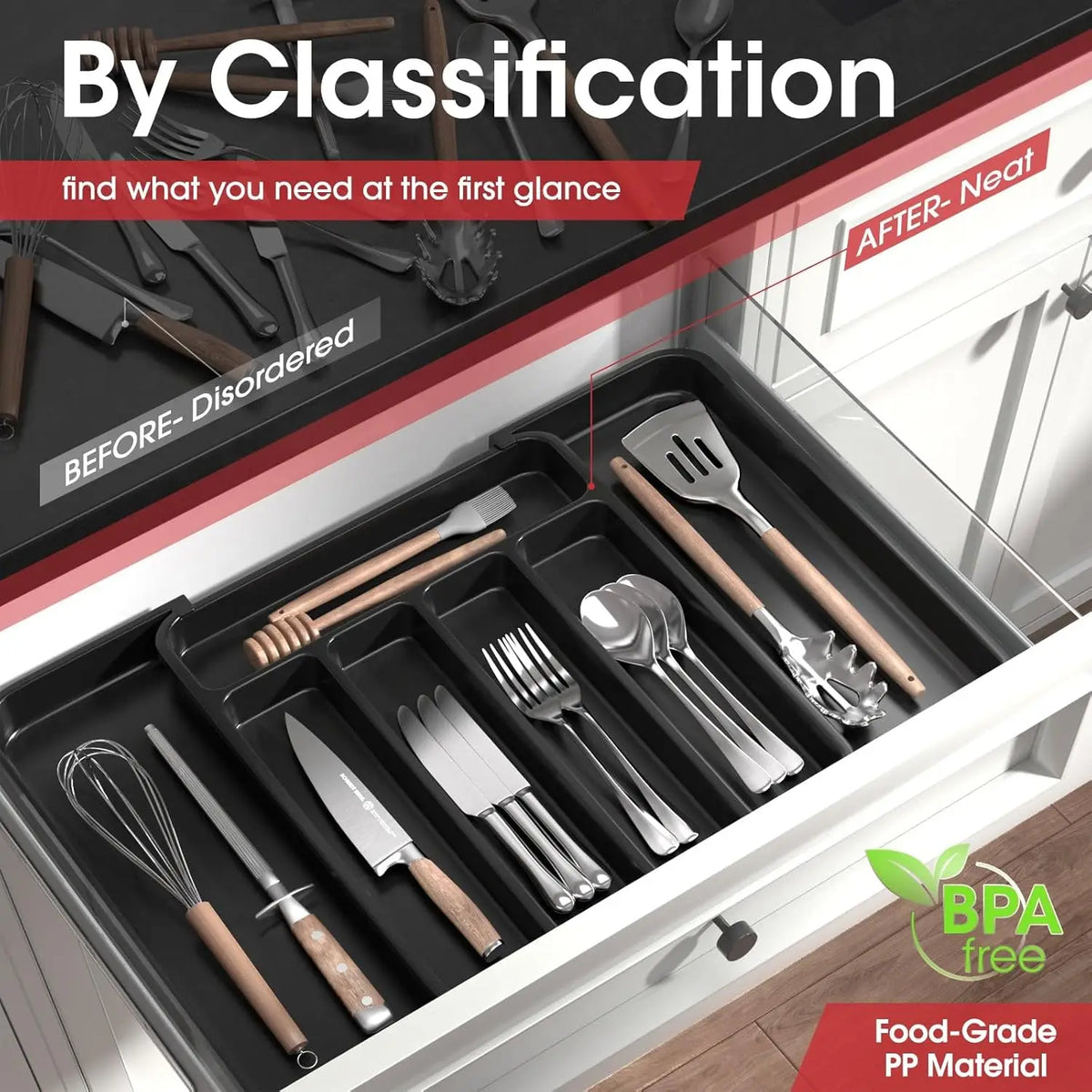 A black drawer organizer holding various kitchen utensils like spoons, forks, and knives.