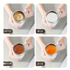 Four images showing hands holding a white mug of coffee, milk, medicine, and juice.