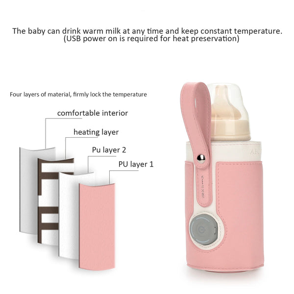 A pink baby bottle warmer device with a silicone nipple and a clear bottle component, showing its layered structure.