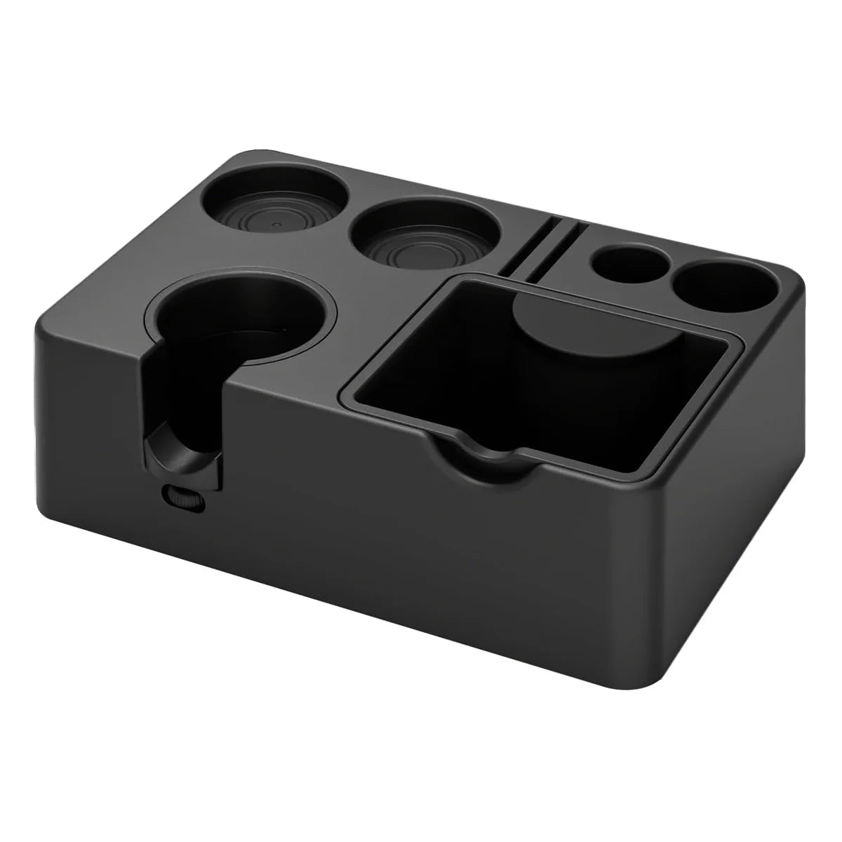 A black 10-in-1 espresso tamping station organizer with multiple compartments and a handle.