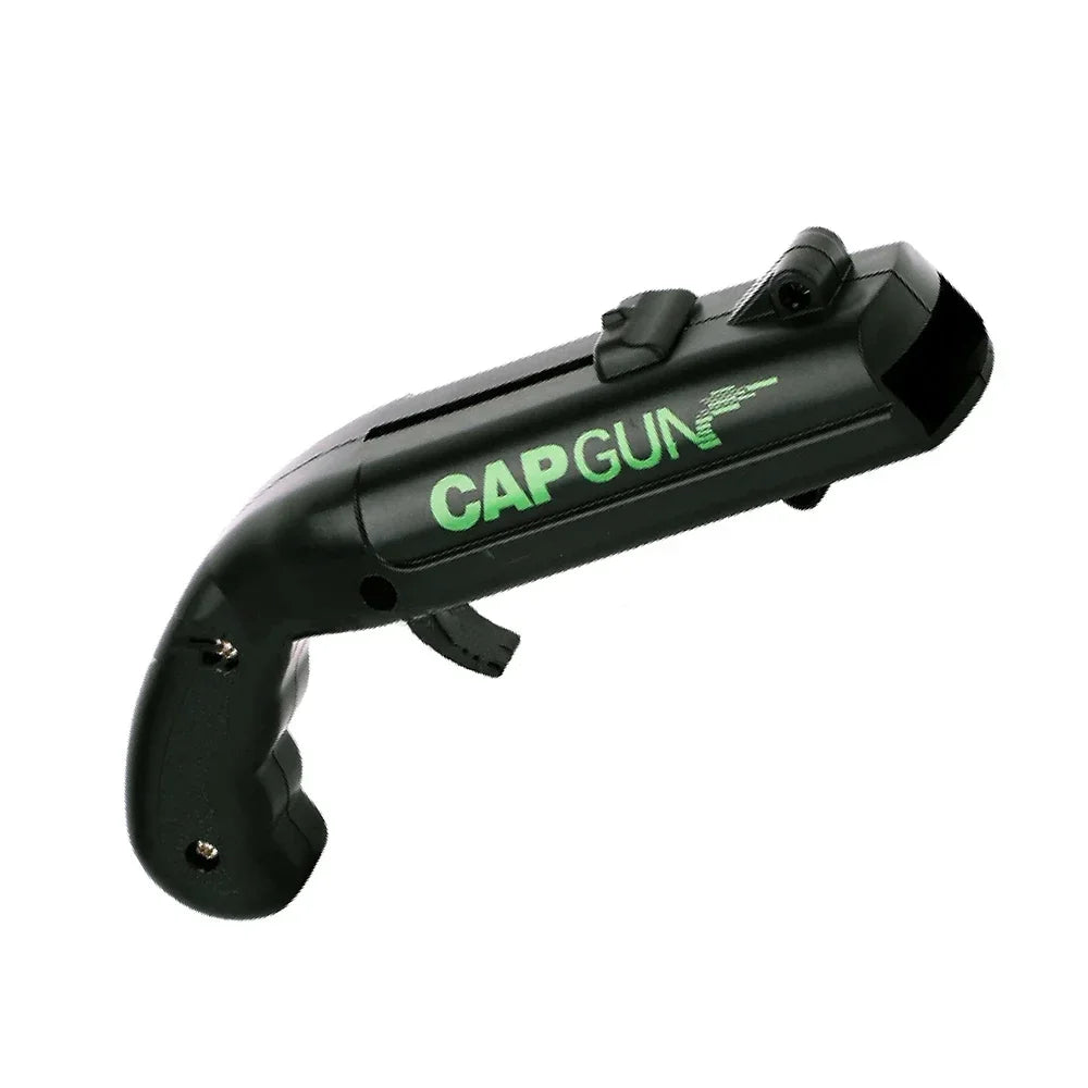 A black portable beer bottle opener and cap launcher tool with a green logo.