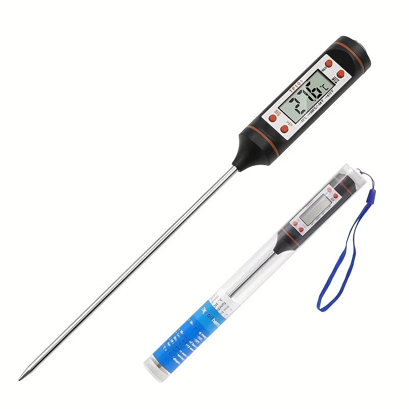 Digital meat thermometer with a long probe and display showing 21.6 degrees Celsius