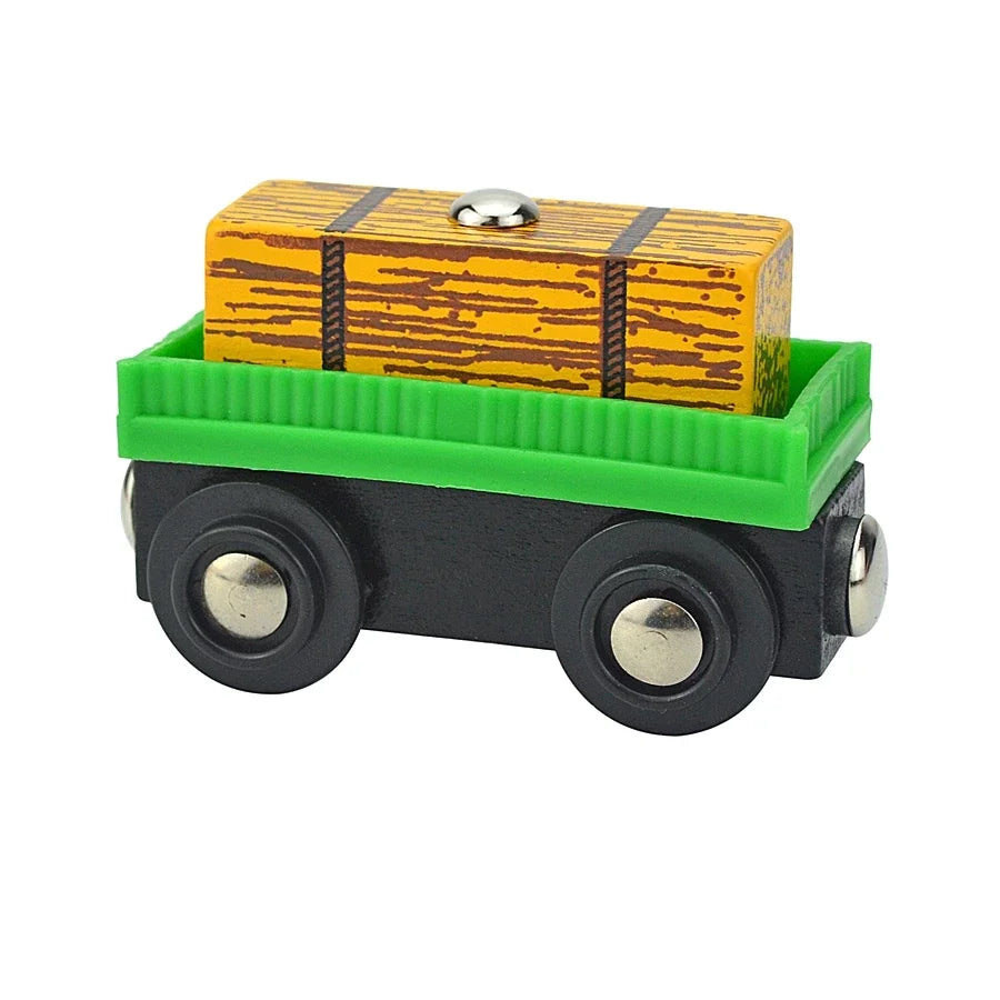 A wooden magnetic train car set featuring a yellow striped box on a green track.