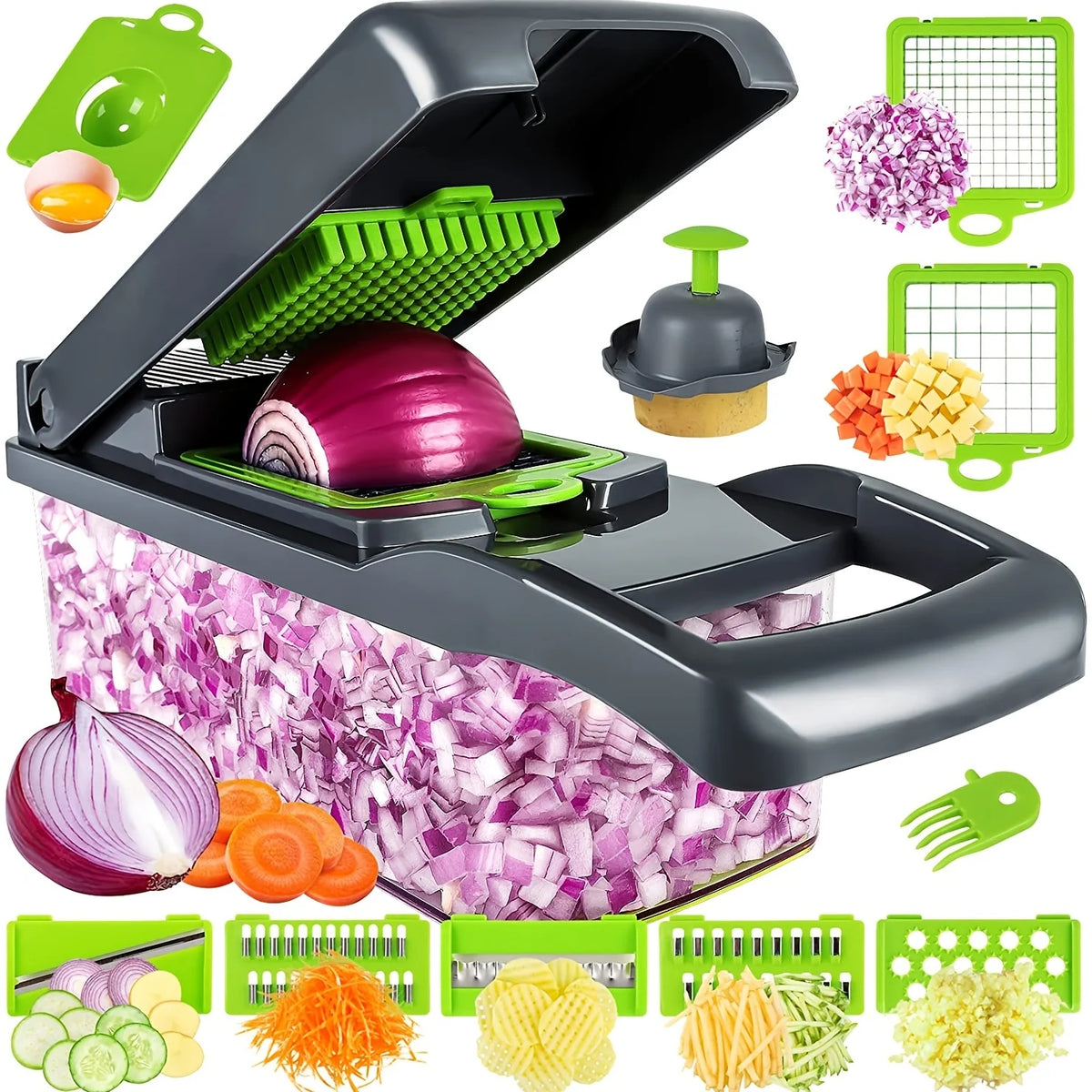 A multi-functional vegetable chopper and fruit slicer set showing various tools and cut vegetables.