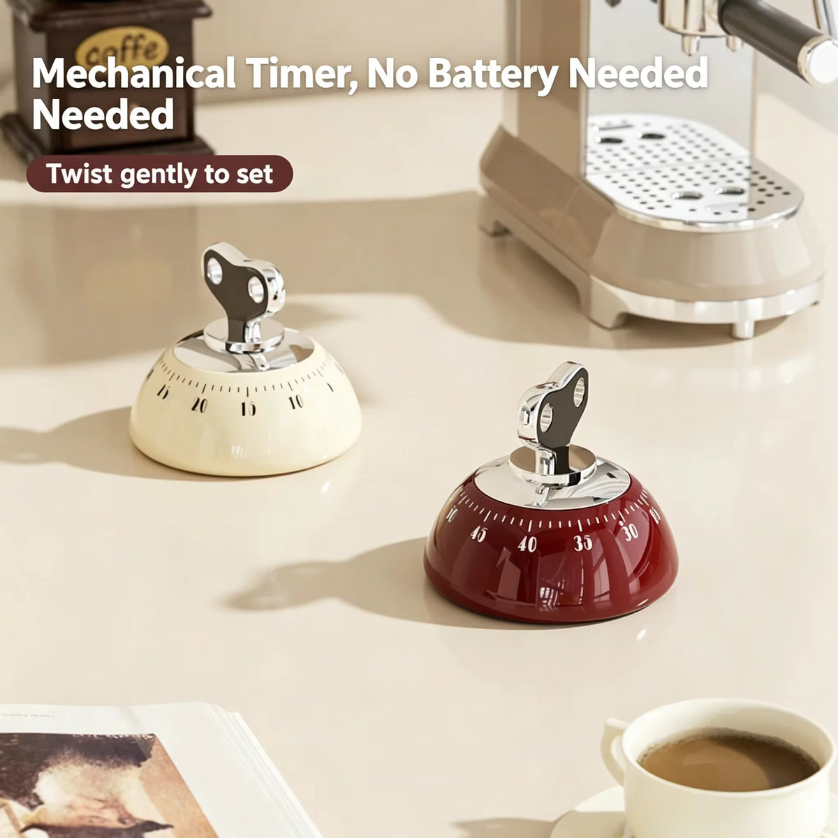 A close-up of a magnetic kitchen timer with a silver top and a red base resting on a light surface.
