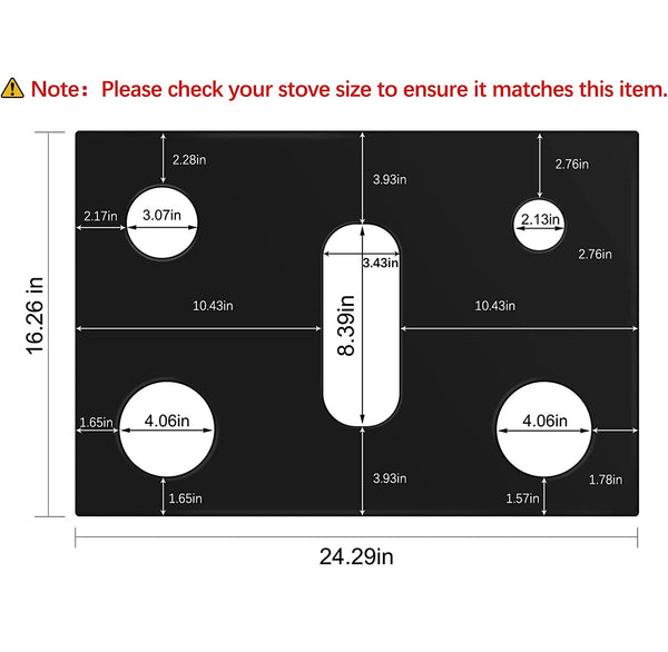 Diagramm mit den Abmessungen einer Schutz- und Reinigungsabdeckung für einen Gasherd.