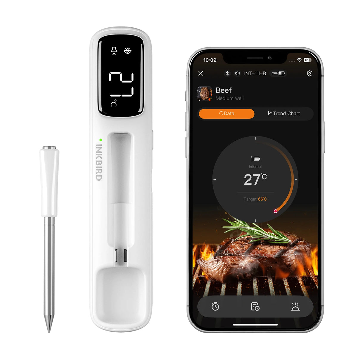 A white mini Bluetooth meat thermometer with an LED display next to a smartphone showing a cooking temperature.