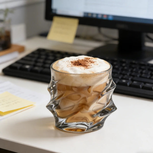 Ein Glas Latte Art Kaffee in einem rotierenden Whiskeyglas auf einem weißen Schreibtisch.