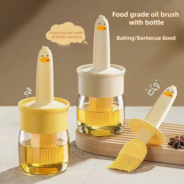 A yellow silicone oil brush with a bottle dispenser is shown next to a wooden board.