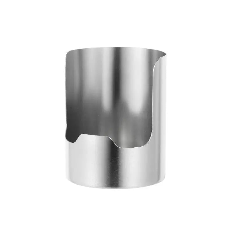 A cylindrical stainless steel organizer rack with a cutout for holding spoons or lids.