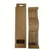 A brown cardboard packaging box containing reusable glass smoothie straws and a cleaning brush.