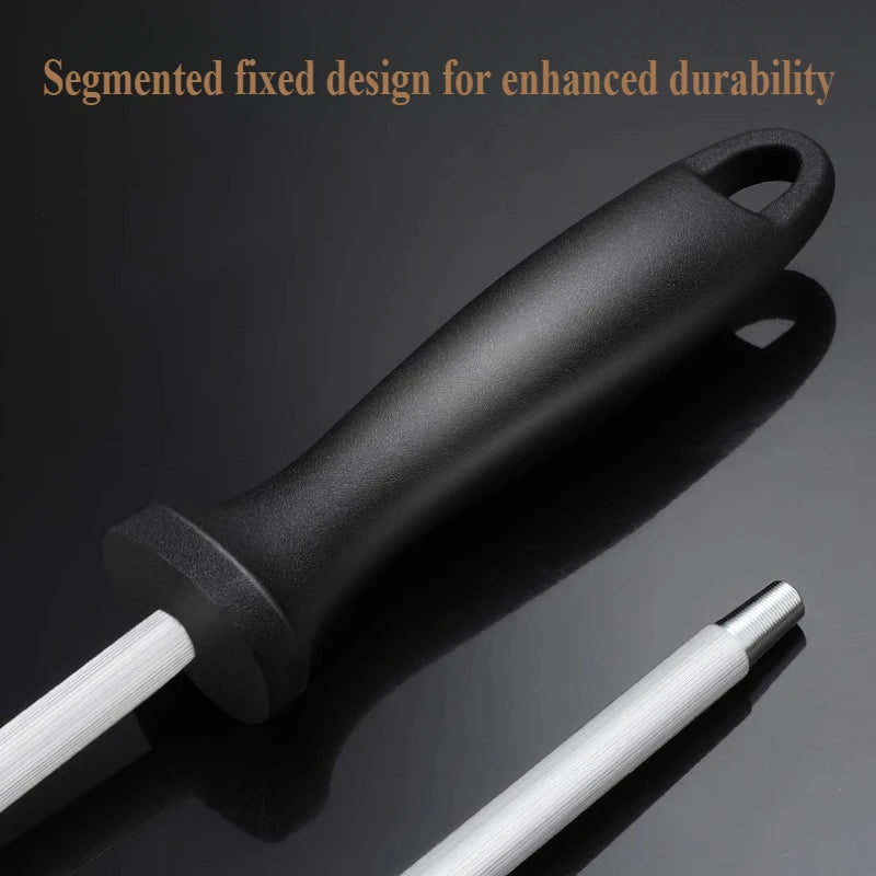 A black segmented fixed design knife sharpening rod with a stainless steel blade visible.