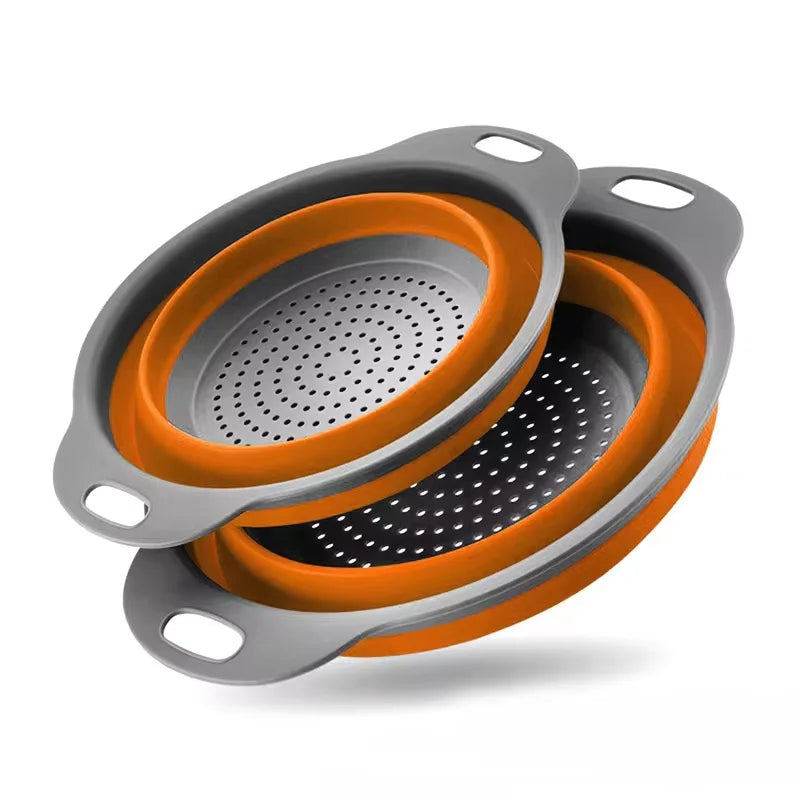 Orange and gray silicone folding drain basket for kitchen and fruit washing
