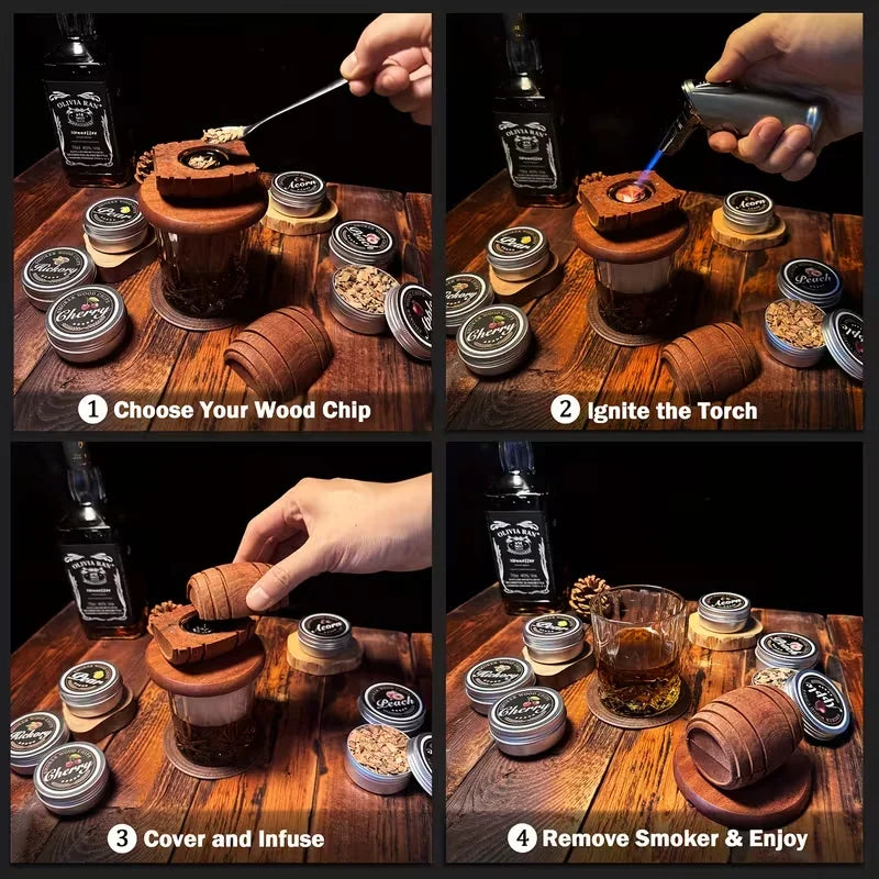 A four-step process showing how to use a whiskey flavor infuser kit with wood chips, including choosing, igniting, covering a